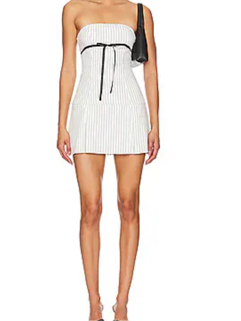 Strapless White Pinstripe Mini Dress with Black Waist Trim